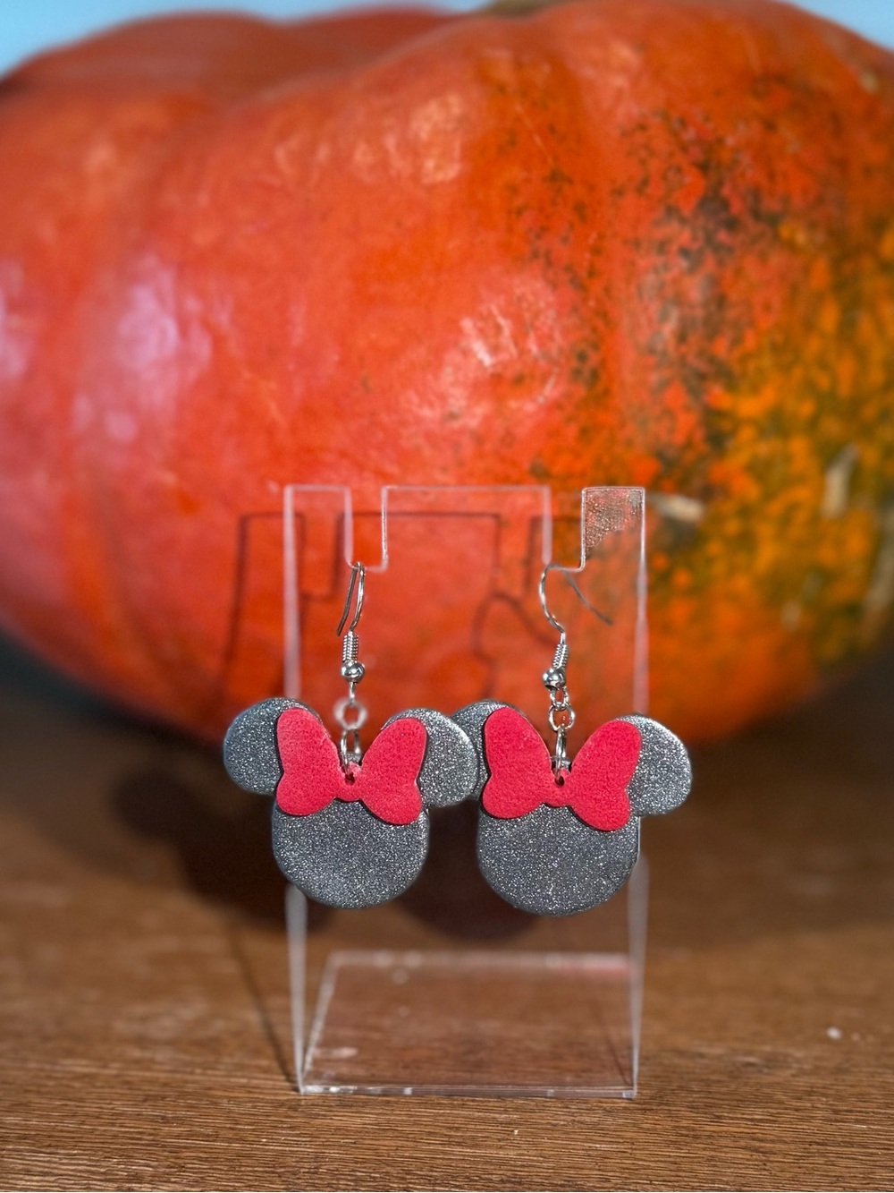 Handmade Polymer Clay Disney Minnie Mouse Shiny Black Red Earrings Dangle